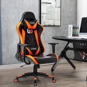 GOTMINSI Gaming Chair Racing Office Chair Computer Desk Chair Executive and Ergonomic Reclining Swivel Chair with Headrest and Lumbar Cushion (BK/Orange)