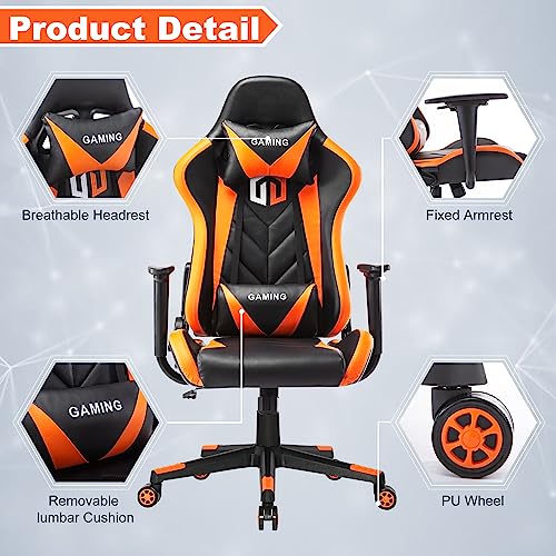 GOTMINSI Gaming Chair Racing Office Chair Computer Desk Chair Executive and Ergonomic Reclining Swivel Chair with Headrest and Lumbar Cushion (BK/Orange)