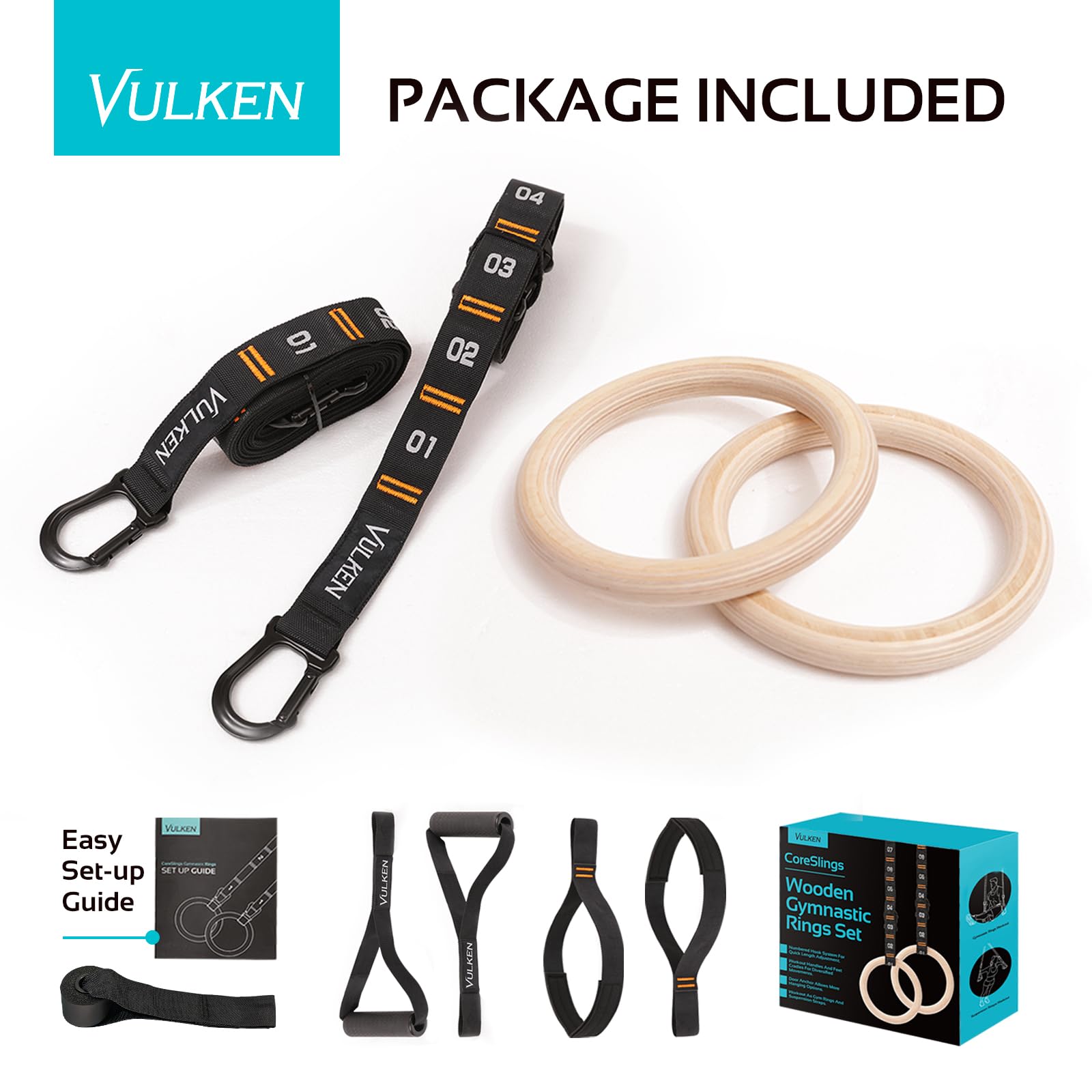 Vulken Wooden Gymnastic Rings with Adjustable Numbered Straps. 1.1'' Olympic Rings for Core Workout and Bodyweight Training. Home Gym Rings 1600lbs with Workout Handles