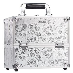 FRENESSA Makeup Train Case Portable Cosmetic Box Organizer 4 Trays Aluminum Makeup Case Storage with Divider Lockable for Makeup Artist, Crafter, Makeup Tools Elagant Silver Rose