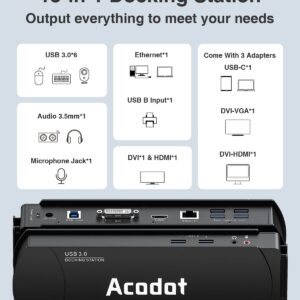 USB 3.0 Universal Docking Station, Acodot 13 in 1 Laptop Docking Station Dual Monitor for Windows and Mac, USB C Docking Station with HDMI, VGA, DVI, 6X USB 3.0, Gigabit Ethernet, Audio