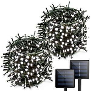yiqu white extra-long 2-pack each 72ft 200 led solar string lights outdoor, waterproof green wire 8 lighting modes solar christmas lights for garden patio tree party wedding decorations (cool white)