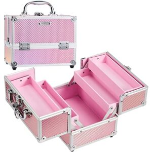 frenessa makeup train case beauty cosmetic box 4 tier trays jewelry storage organizer with lockable pink lining perfect for women and girls - mermaid pink