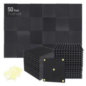 focusound 50 pack acoustic foam panels 1" x 12" x 12" sound proof foam panles high desnsity and fire resistant soundproof wedge panels for home office recoding studio with 270pcs double-side adhesive