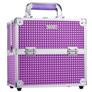 frenessa makeup train case cosmetic box organizer storage portable 4 trays jewelry storage organizer with lockable dividers for makeup artist, crafter, makeup tools traveling makeup case purple