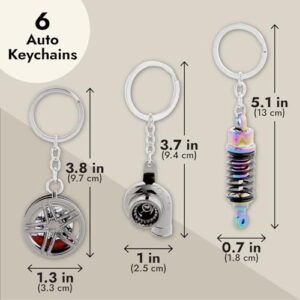 Zodaca 6 Pack Auto Car Parts Keychain Set with Turbo, Manual Gearbox, Tire Rim, Spring Shock Absorber, Brake Rotor (Metal)