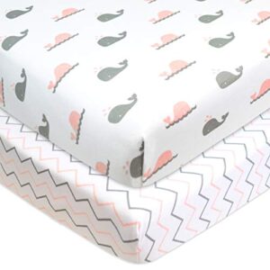 american baby company 2 pack fitted pack n play playard sheet 27" x 39", soft breathable neutral 100% cotton jersey pack and play sheet, pink whale/zigzag, for boys and girls, fits most mini crib