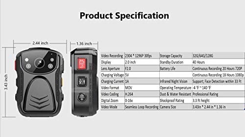 PatrolMaster 1296P UHD Body Camera with Audio (Build-in 128GB), 2 Inch Display, Night Vision, Waterproof, Shockproof, Body Worn Camera with Compact Design, Police Camera