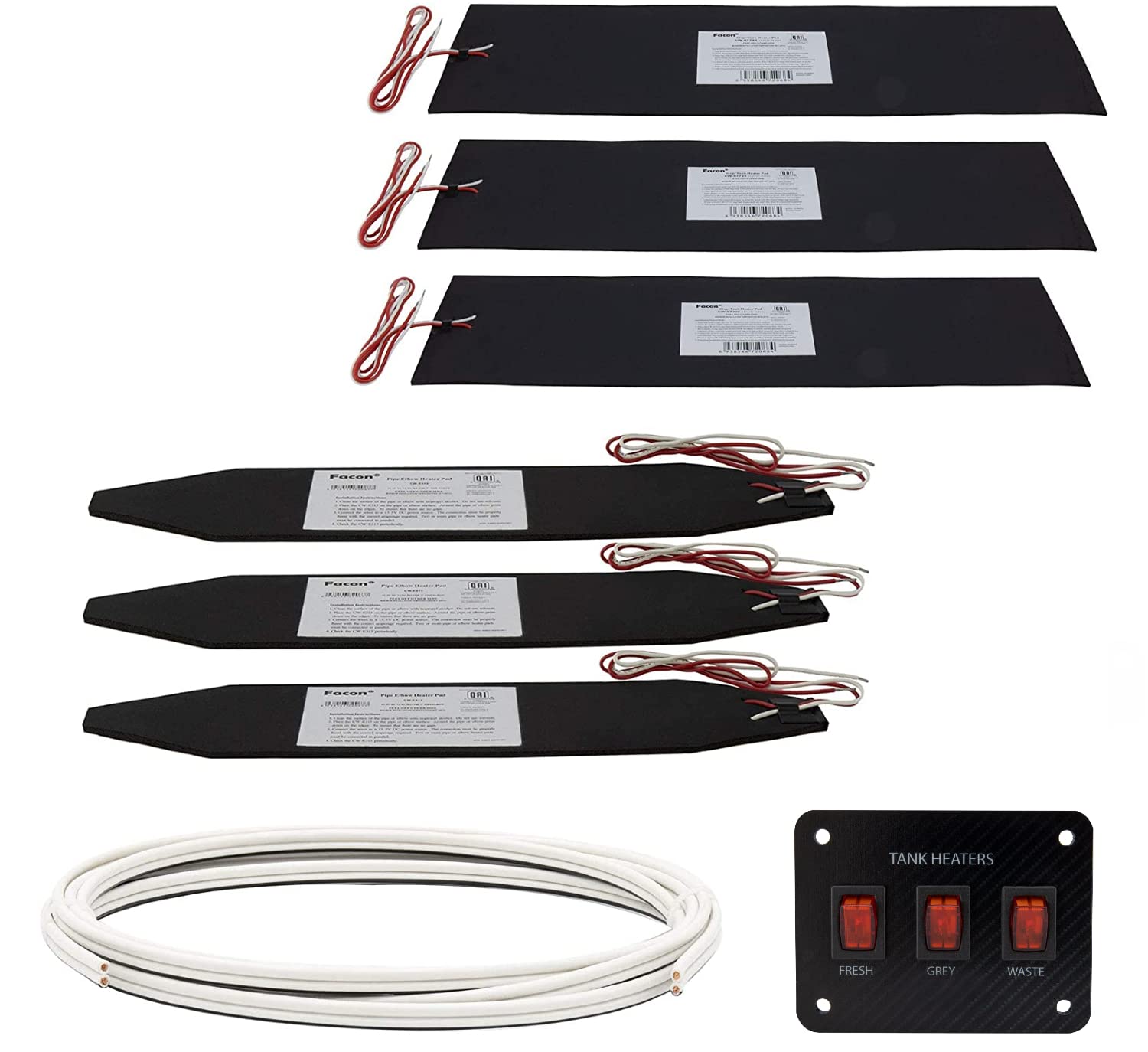 RecPro RV Tank Heater Pad Kit | 7 1/4" x 25" | Fresh Water | Grey Water | Holding Tank | Up to 50 Gallons | 12V | Toggle Switch and Wire Included | Elbow Pipe Heater Pad (3 Pads)