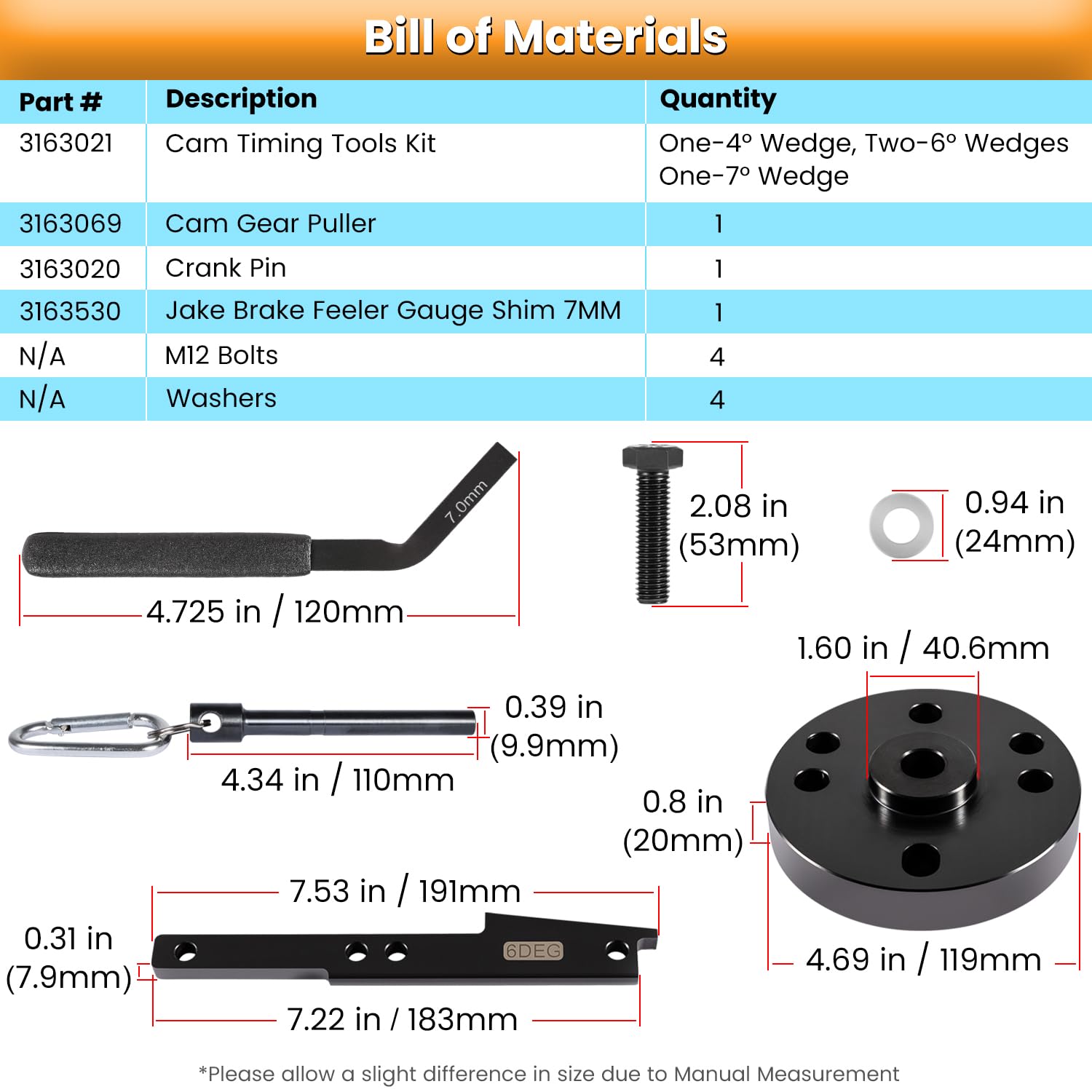 3163021 Cam Timing Tool Kit+3163530 Engine Brake Adjustment Tool 7MM for All Cummins ISX QSX Engine 2007-2017 with Cam Gear Puller & Crank Pin Replace OEM 3163069 3163020 Heavy Duty Steel (15 PCS)