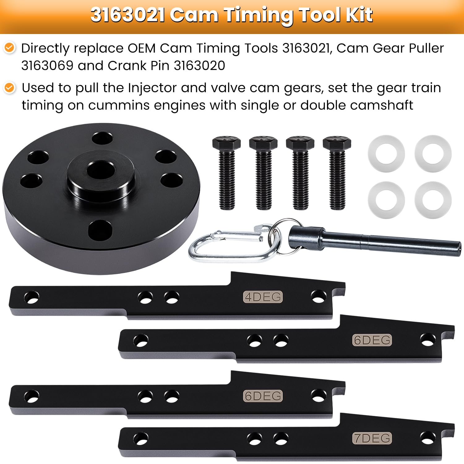 3163021 Cam Timing Tool Kit+3163530 Engine Brake Adjustment Tool 7MM for All Cummins ISX QSX Engine 2007-2017 with Cam Gear Puller & Crank Pin Replace OEM 3163069 3163020 Heavy Duty Steel (15 PCS)