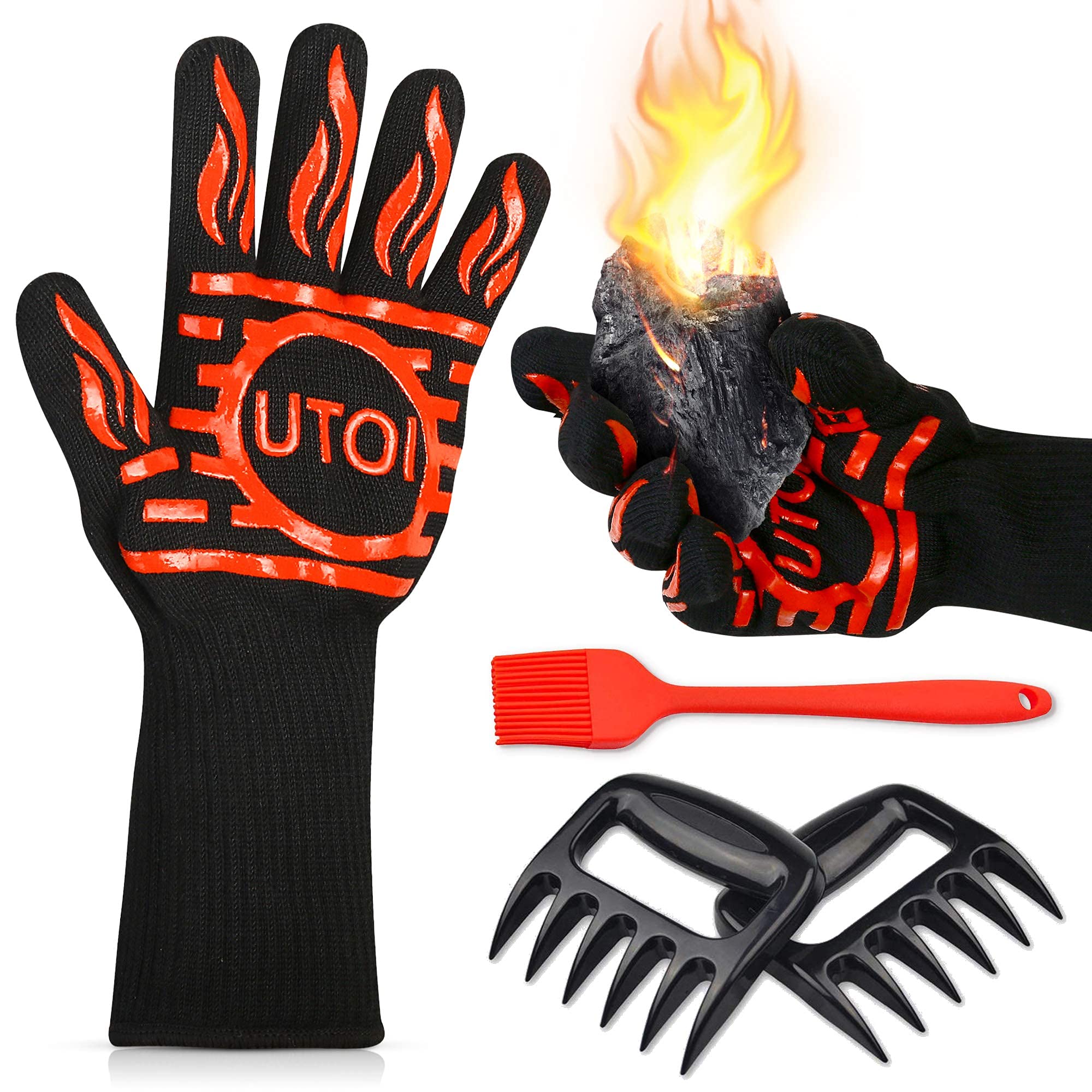 UTOI BBQ Grill Accessories Kit, 1472°F Heat Resistant BBQ Gloves Oven Mitts & Meat Shredder Claws & Silicone Sauce Basting Brush for Safe Grilling, Baking, Barbecue, Smoker & Outdoor Cooking