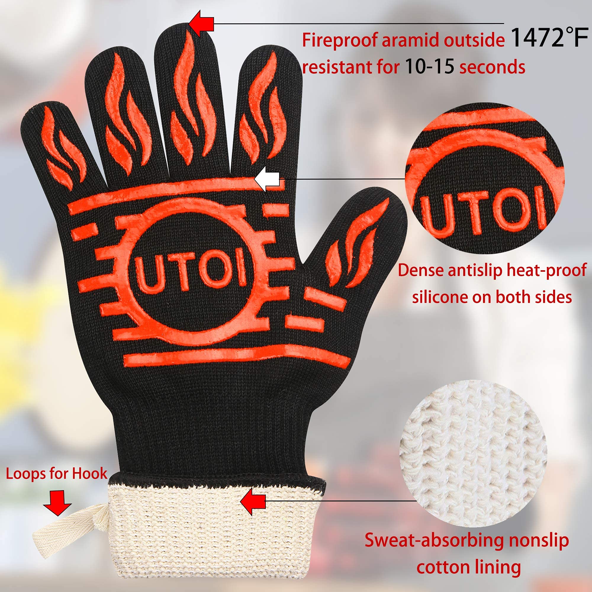 UTOI BBQ Grill Accessories Kit, 1472°F Heat Resistant BBQ Gloves Oven Mitts & Meat Shredder Claws & Silicone Sauce Basting Brush for Safe Grilling, Baking, Barbecue, Smoker & Outdoor Cooking