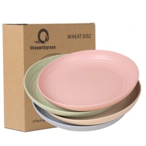 shopwithgreen wheat plastic reusable dinner plates, camping outdoor plates sets, for kitchen, dorm room, microwave dishwasher safe, unbreakable and lightweight, 10 inch, 4 pcs