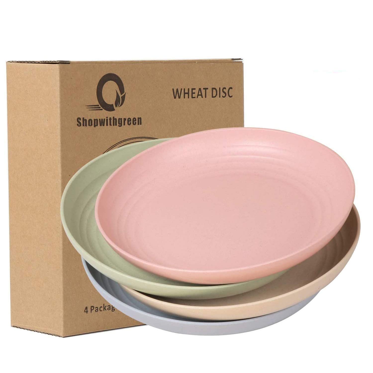 shopwithgreen Wheat Plastic Reusable Dinner Plates, Camping Outdoor Plates Sets, for Kitchen, Dorm Room, Microwave Dishwasher Safe, Unbreakable and Lightweight, 10 Inch, 4 PCS