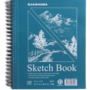 Bachmore Sketchpad 9X12" Inch (68lb/100g), 100 Sheets of Spiral Bound Sketch Book for Artist Pro & Amateurs | Marker Art, Ink Art, Colored Pencil, Acrylic Paint, Charcoal for Sketching