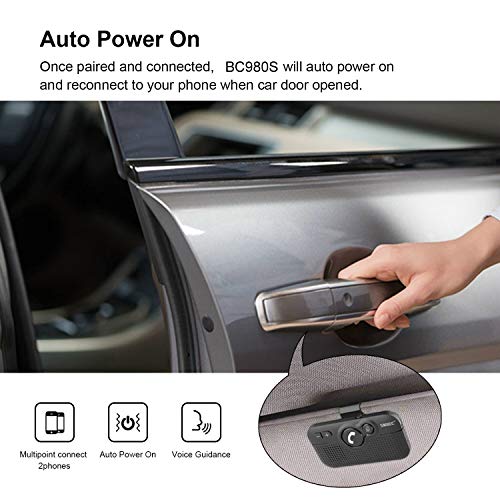 SUNITEC Handsfree Bluetooth Car kit for Cell Phone, Wireless Bluetooth Speaker for car, AUTO Power ON Support Siri Google Voice Assistant Hands Free Car Phone Speakerphone with Visor Clip-BC980SA