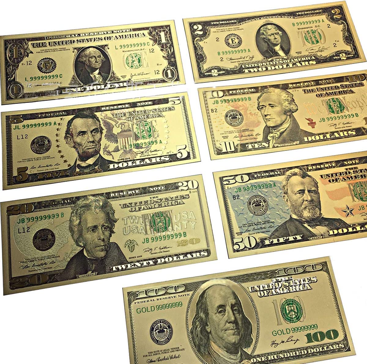 LONG7INES USA President 1/2/5/10/20/50/100 Dollar Bill Banknote, 24k Gold Coated Legacy Limited Edition Chief Executive Banknote Bill Great Gift for Coin Currency Collectors and Republican (70 Pack)