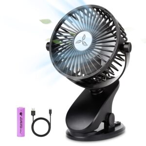 brigenius battery operated clip on stroller fan, portable mini desk fan rechargeable, usb powered clip fan for baby stroller office outdoor travel, black