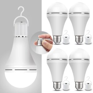 neporal 4 pack emergency-rechargeable-light-bulb, stay lights up when power failure, 1200mah 15w 80w equivalent led light bulbs for home, camping, tent (e27, with hook) (daylight)