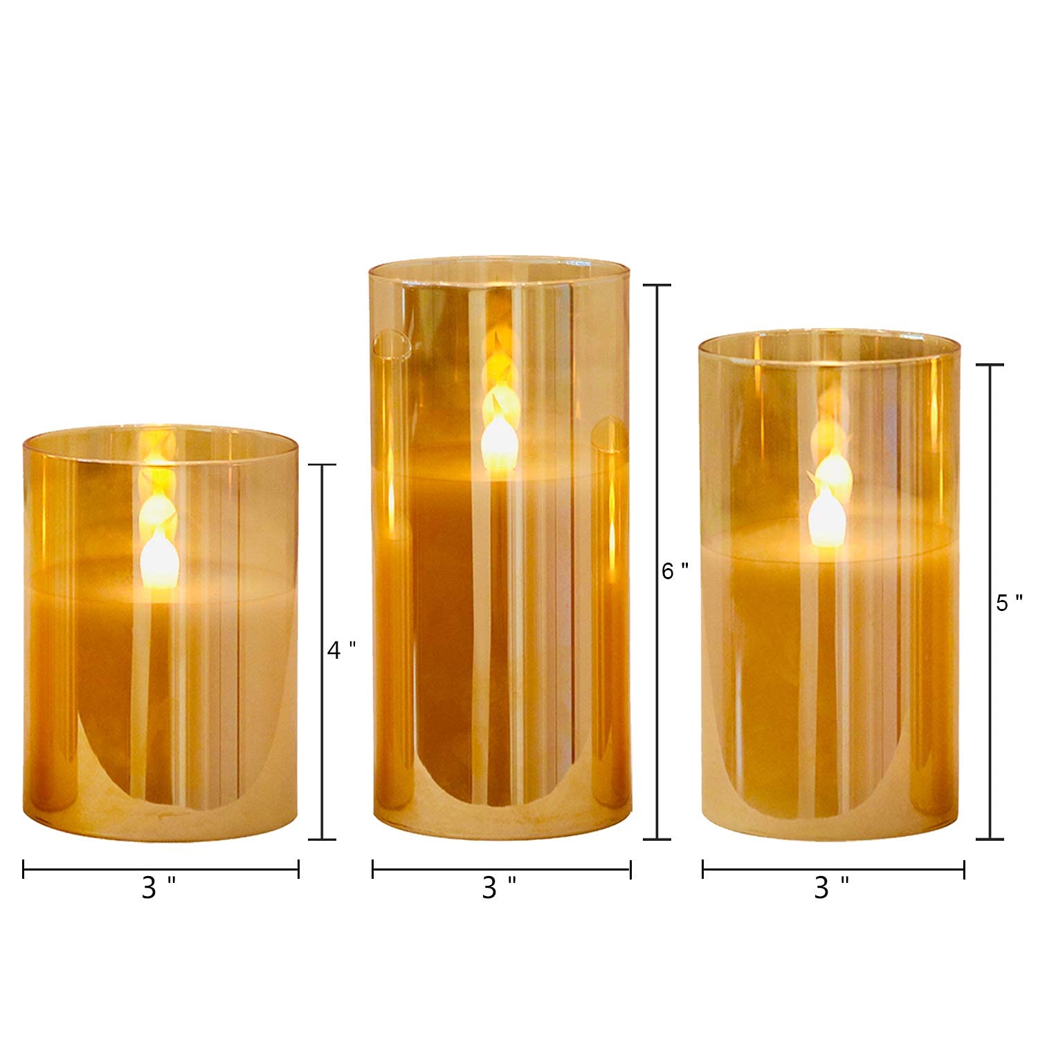 GenSwin Gold Glass Battery Operated Flameless Led Candles with 10-Key Remote and Timer, Real Wax Candles Warm White Flickering Light for Home Decoration(Set of 3)