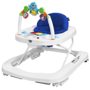 baby joy baby walker, 2 in 1 foldable activity behind walker with adjustable height & speed, friction control functions, safety belt, high back padded seat, music, detachable penguin play bar (blue)