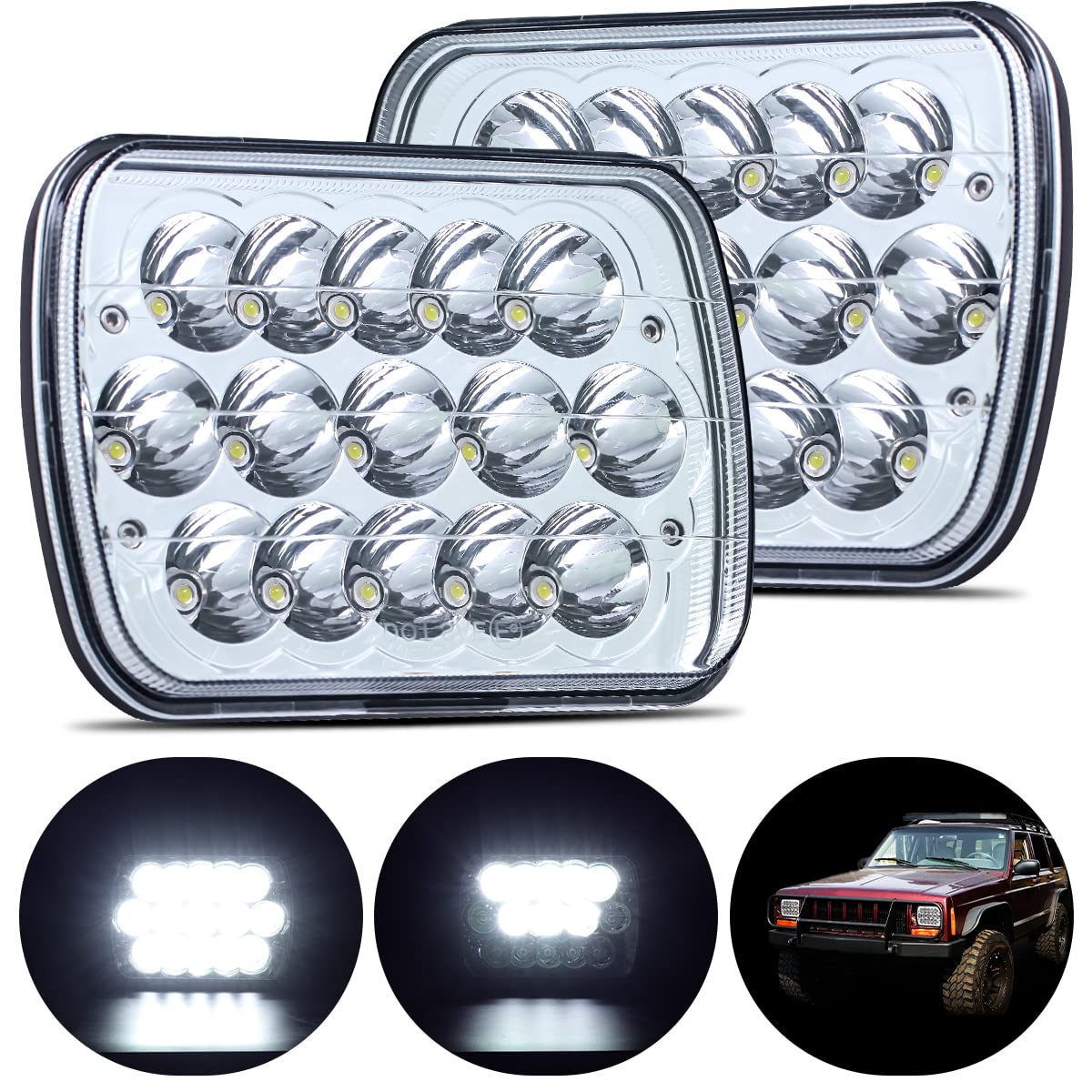 BAOLICY 5x7 H6054 LED Headlights DOT Approved Hi/Low Sealed Beam 7x6 H5054 H6052 6053 Rectangular Chrome Headlights 2PCS 45W for Jeep XJ YJ MJ Ford Probe Chevy S10 Off-Road Truck Van Sedans