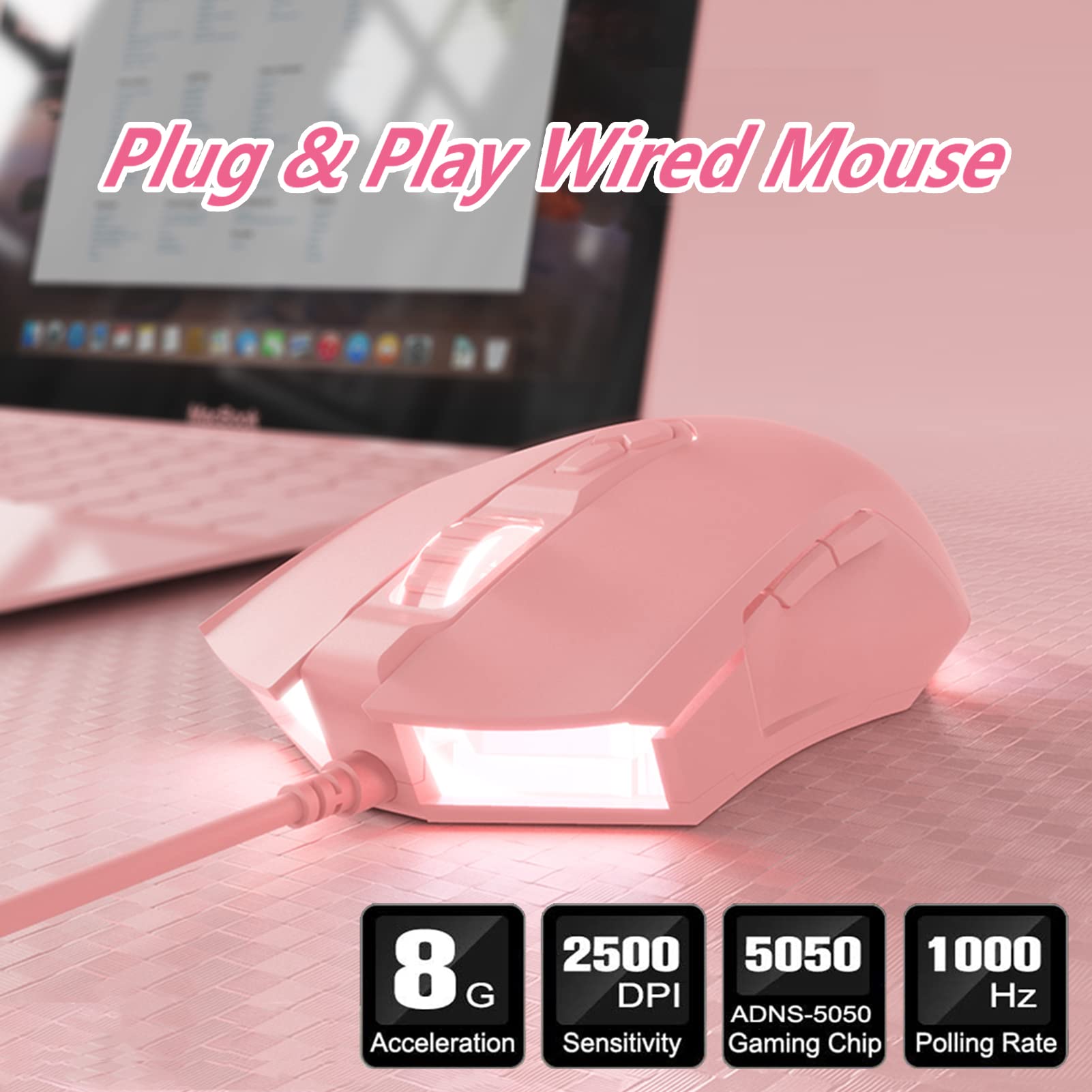 Lomiluskr AJ52 Wired Gaming Mouse, 7 Programmable Buttons, Computer Mice with RGB Lighting, 200-4800 DPI Adjustable, for Windows/Mac OS/Linux (Pink)