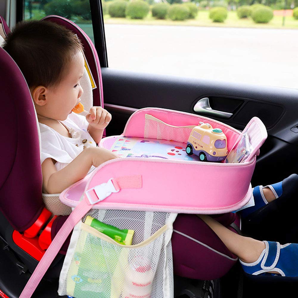 Cherry Juilt Car Seat Organizer Kids Travel Safety Seat Tray for Kids Toddlers Activities in Car Seat, Stroller, Airplane Touch Screen iPad Holder Waterproof Dry Erase Side Pocket (Pink)