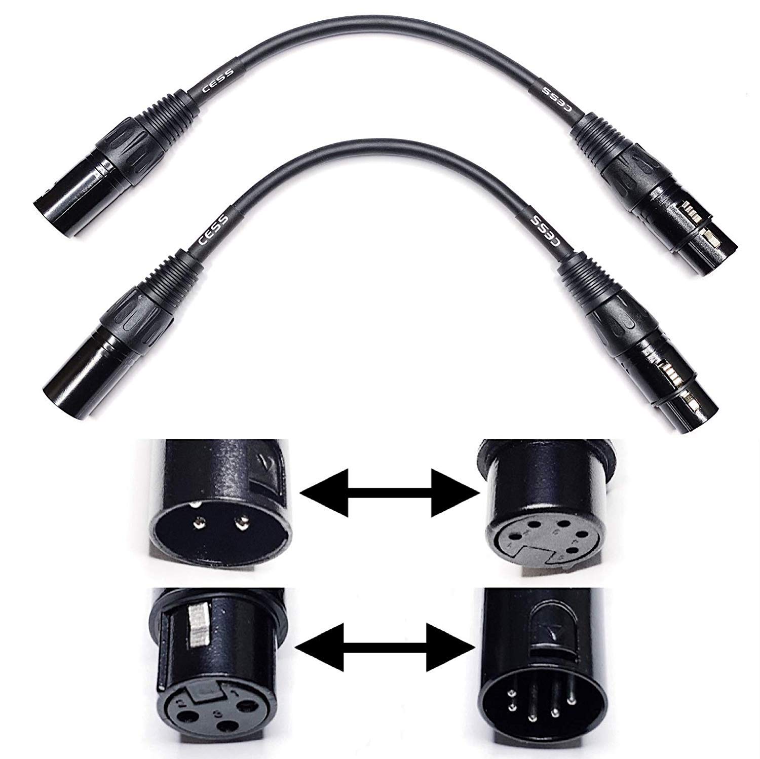 CESS-078 XLR 3-Pin to XLR 5-Pin Adapter Cables, XLR3M to XLR5F & XLR3F to XLR5M, 2 Pack