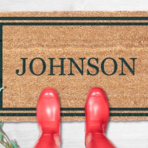 Personalized Front Door Mats Outdoor - Made in USA, Coir Welcome Mats with Vinyl Backing for Home Entrance, Custom Gift for Dad from Daughter, Son, Low Profile (22" x 36" Green Double Bordered)