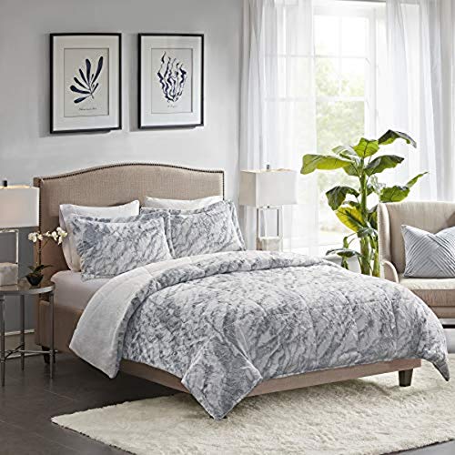 Madison Park Lana Soft Plush Comforter Set, Long Faux Faux Fur Marble Pattern, Faux Mink On The Reverse, Modern All Season Down Alternative Bedding Set with Matching Sham, King, Grey/Blue 3 Piece