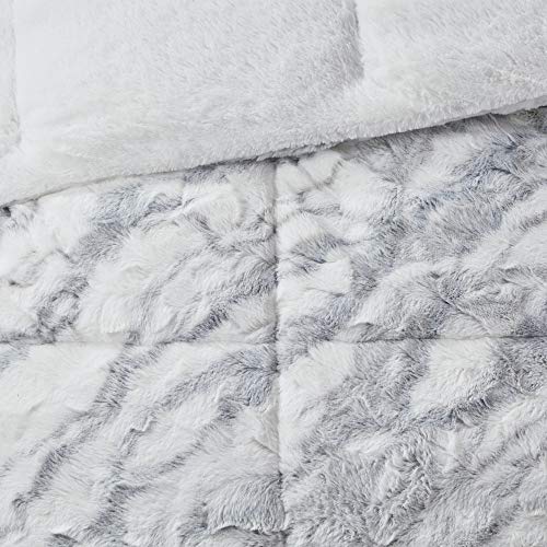 Madison Park Lana Soft Plush Comforter Set, Long Faux Faux Fur Marble Pattern, Faux Mink On The Reverse, Modern All Season Down Alternative Bedding Set with Matching Sham, King, Grey/Blue 3 Piece