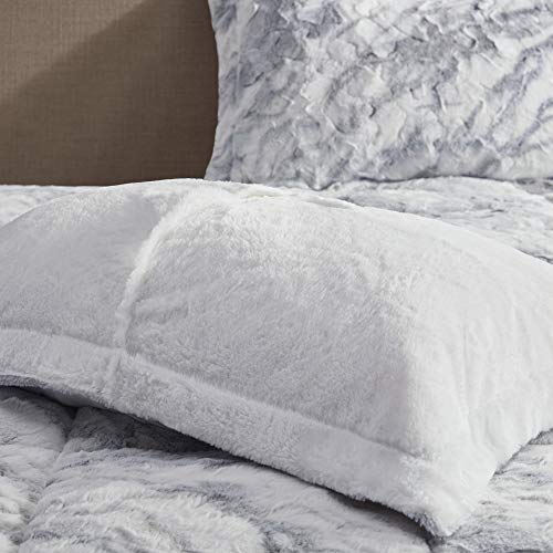 Madison Park Lana Soft Plush Comforter Set, Long Faux Faux Fur Marble Pattern, Faux Mink On The Reverse, Modern All Season Down Alternative Bedding Set with Matching Sham, King, Grey/Blue 3 Piece