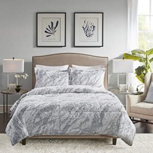 Madison Park Lana Soft Plush Comforter Set, Long Faux Faux Fur Marble Pattern, Faux Mink On The Reverse, Modern All Season Down Alternative Bedding Set with Matching Sham, King, Grey/Blue 3 Piece