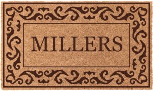 coco mats 'n more brown rolling scrolls bordered personalized coco doormat 18" x 30" with vinyl backing | personalized coir front door mat | tough coir husk cleans dirtiest shoes