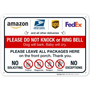sigo signs - do not knock or ring doorbell dog will bark baby will cry sign, 10x7 inches, rust free .040 aluminum, fade resistant, made in usa