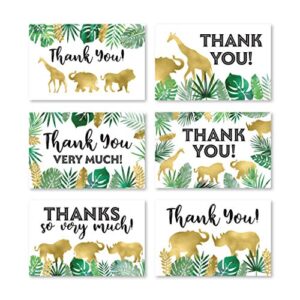 24 safari thank you cards with envelopes, kids or baby shower thank you note, jungle greenery gold 4x6 varied zoo animal giraffe gratitude card pack for party, girl boy children birthday stationery