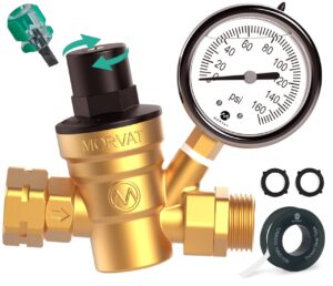 morvat premium lead-free brass rv water pressure regulator adjustable valve with oil filled gauge for camper, includes screwdriver, roll of teflon tape & 2 extra rubber washers