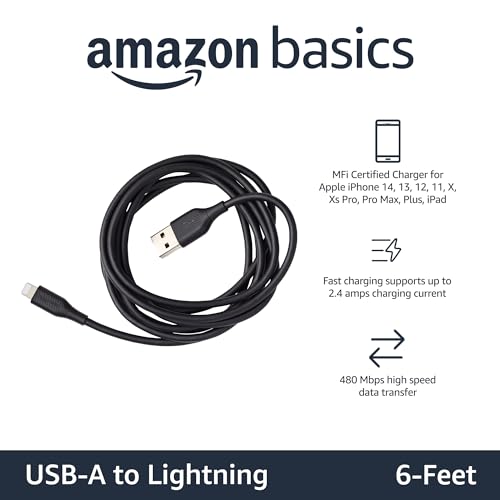 Amazon Basics USB-A to Lightning ABS Charger Cable, MFi Certified Charger for Apple iPhone 14 13 12 11 X Xs Pro, Pro Max, Plus, iPad, 6 Foot, Black