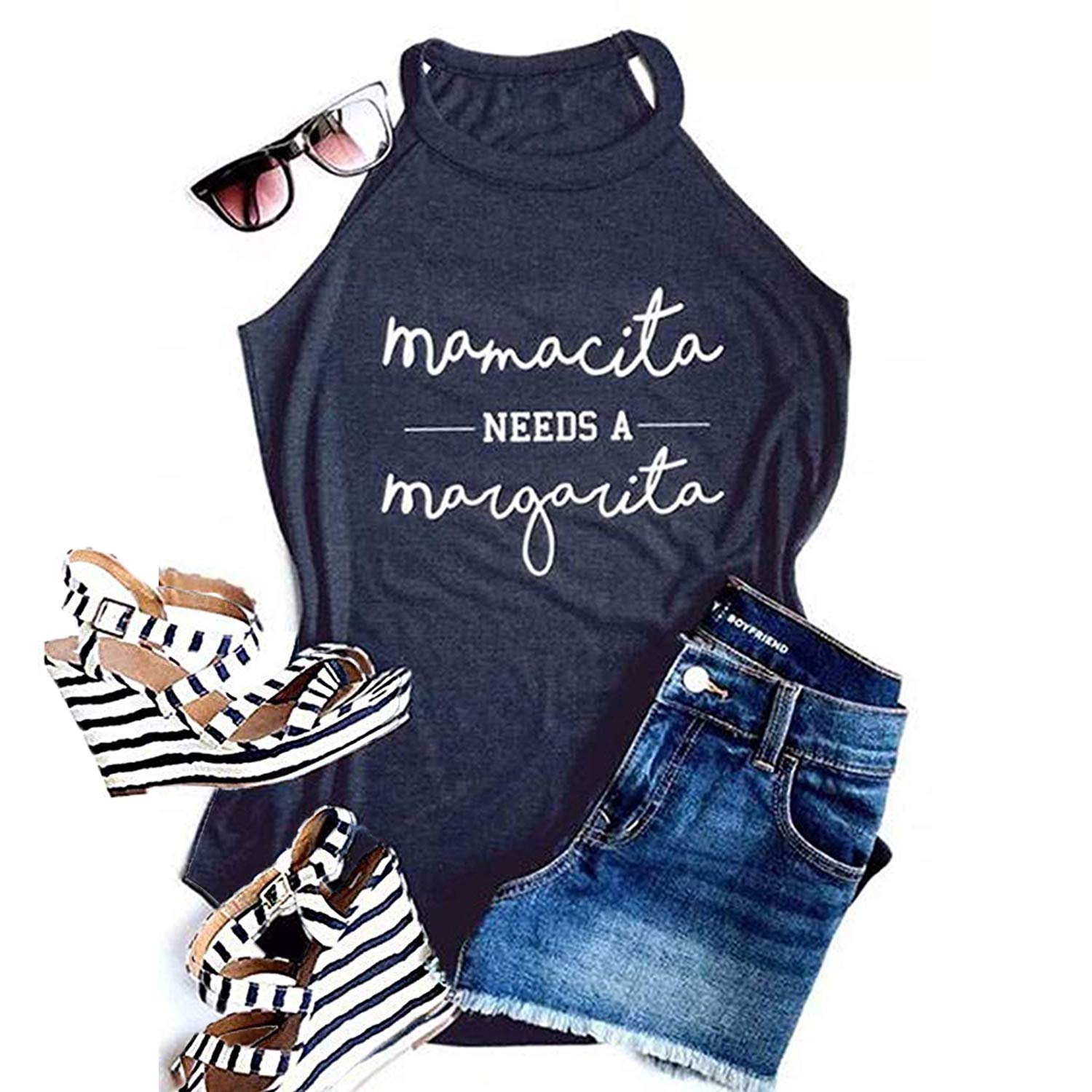 Mamacita Needs a Margarita Women's Halter Tank Top Funny Running Graphic Sleeveless Beach Tee, Navy Blue S