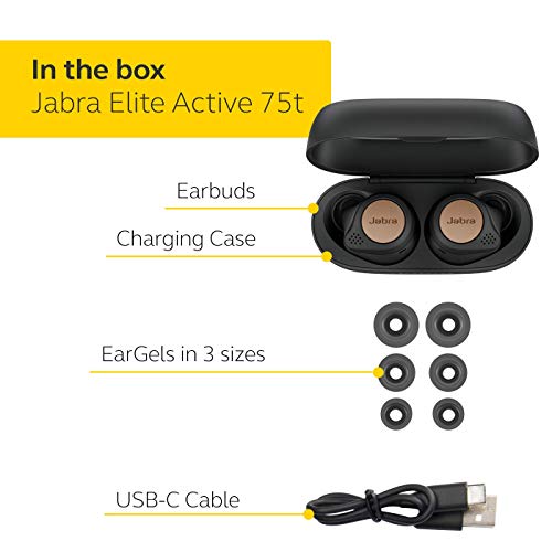 Jabra Elite Active 75t True Wireless Bluetooth Earbuds, Copper Black – Wireless Earbuds for Running and Sport, Charging Case Included, 24 Hour Battery, Active Noise Cancelling Sport Earbuds