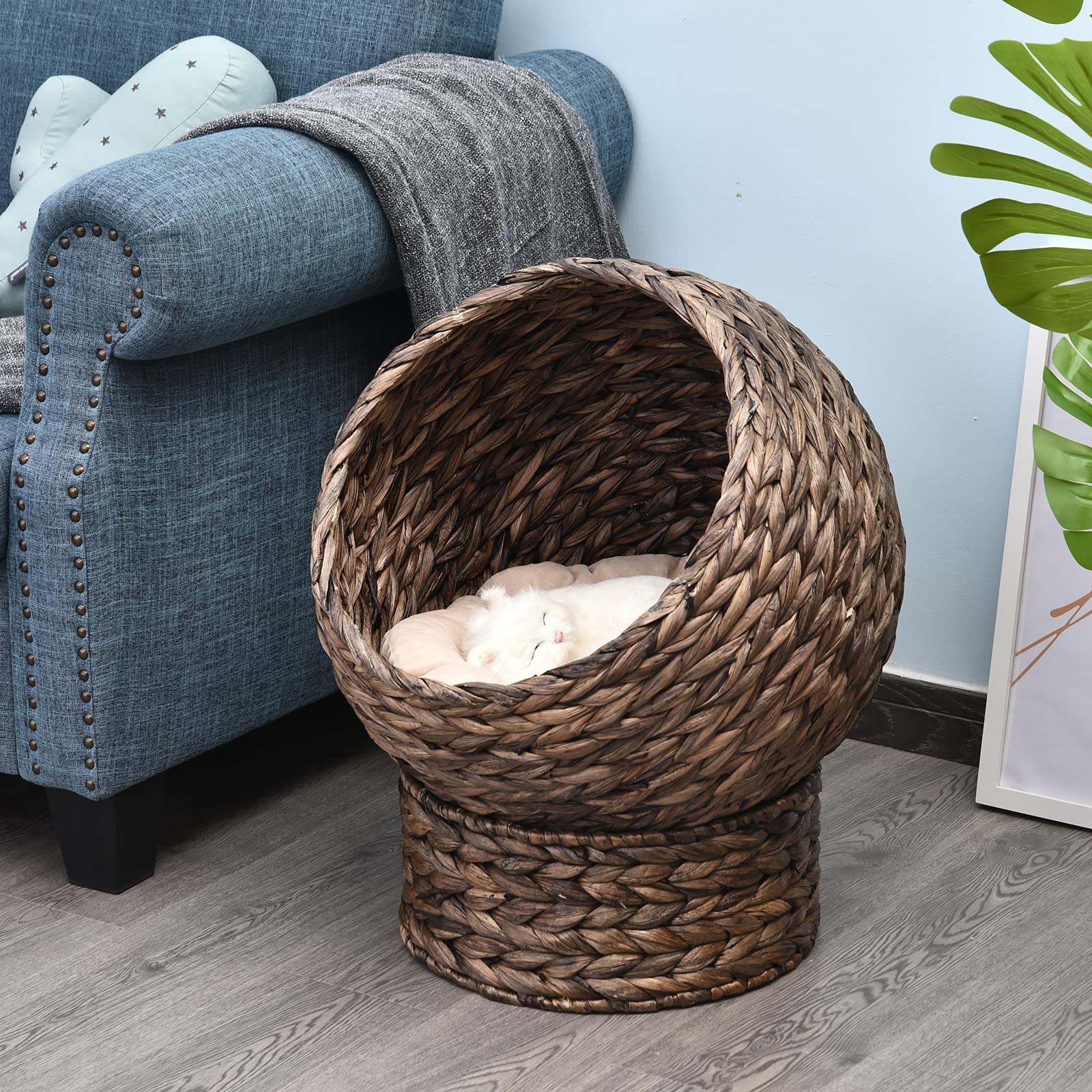 PawHut Handwoven Elevated Cat Bed with Soft Cushion & Cat Egg Chair Shape, Cat Basket Bed Kitty House with Stand, Raised Wicker Cat Bed for Indoor Cats, 23.5" H, Grey