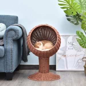 PawHut Elevated Cat Bed with Rotatable Egg Chair Pod, Cat Basket Bed with Thick Cushion, Natural Mat Grass Woven Kitty House, Brown