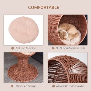 PawHut Elevated Cat Bed with Rotatable Egg Chair Pod, Cat Basket Bed with Thick Cushion, Natural Mat Grass Woven Kitty House, Brown