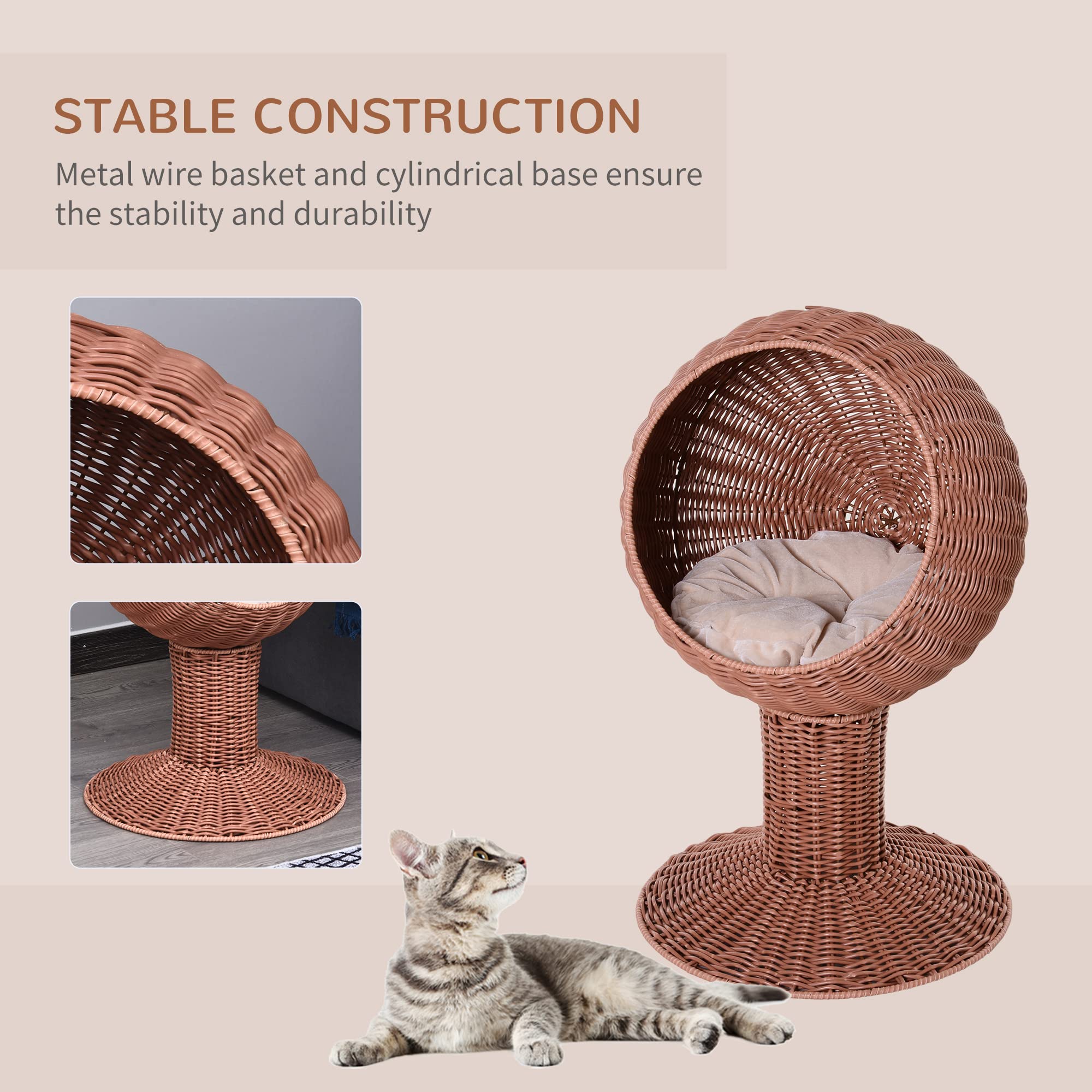 PawHut Elevated Cat Bed with Rotatable Egg Chair Pod, Cat Basket Bed with Thick Cushion, Natural Mat Grass Woven Kitty House, Brown