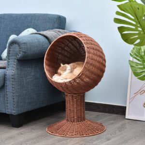 PawHut Elevated Cat Bed with Rotatable Egg Chair Pod, Cat Basket Bed with Thick Cushion, Natural Mat Grass Woven Kitty House, Brown