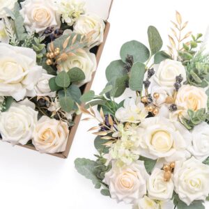 ling's moment white flowers artificial, ivory & cream fake flowers eucalyptus greenery combo box set for diy wedding bridal bouquet, centerpieces, home decor, floral arrangement decor, etc.