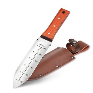 haushof hori hori garden knife 7”stainless steel serrated blade with cutting edge, gardening tool with leather sheath for weeding, planting, digging, wood handle with hanging hole