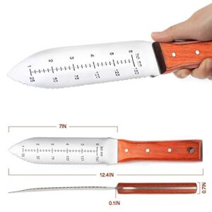 HAUSHOF Hori Hori Garden Knife 7”Stainless Steel Serrated Blade with Cutting Edge, Gardening Tool with Leather Sheath for Weeding, Planting, Digging, Wood Handle with Hanging Hole